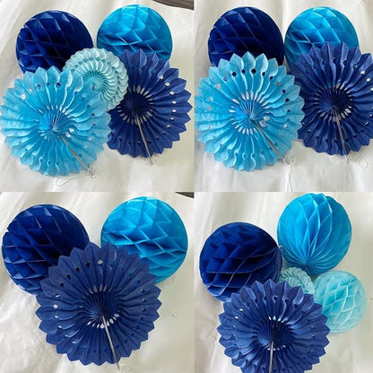 12pcs 6’’ 8’’ Honeycomb Balls Tissue Paper Fans Party Honeycomb Ball Fans Wall Decorations Tissue Pom Poms Flower Balls Hanging Paper Fans for Party Baby Shower Birthday Wedding Nursery(Blue kit)