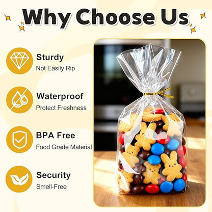 PigPotParty 6"x 9", 100Pcs Bottom Gusset Bags, Clear Plastic Cellophane Treat Goodie Bags with Ties for Party Favor, Candy, Cookie, Popcorn, Small Gift Wrapping (No Side Gusset)