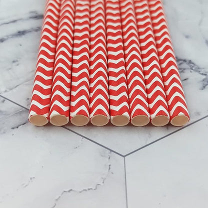 YAOSHENG Premium Disposable Waves Striped Drinking Paper Straws, Pack 100 Red Waves Paper Straws for Cocktail Party Supplies,Birthday,Bridal/Baby Shower,Juice,Shakes (Red Waves)