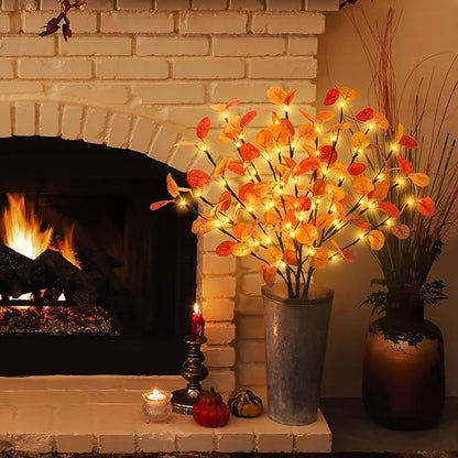 3Pcs Lighted Eucalyptus Leaves Branches, 30” Timer Fall Eucalyptus Stems with Lights,60 LEDs Battery Operated Fall Lighted Tree Branches for vases Home Wedding Table centerpieces Thanksgiving