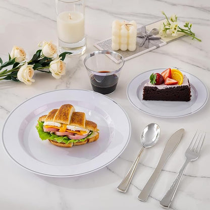 SUT 175 Pcs Silver Plastic Dinnerware Set for 25 Guests, Include: 25 Dinner Plates, 25 Dessert Plates, 25 Pre Rolled Napkins With Silver Silverware, 25 Cups, Disposable Plates for Wedding, Party