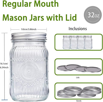 MirthMood 32 oz mason jars , Glass jars with airtight lid Canister Quart Jars for Kitchen Storage ，Mason jar wide mouth Perfect for Canning, Pickling, Preserving, Fermenting, DIY Crafts & Decor 2 Pack