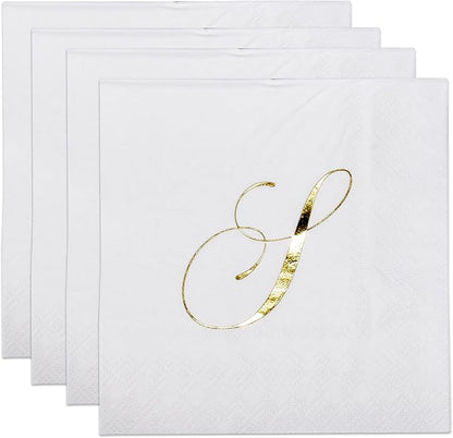 Gift Boutique 100 Gold Monogram Cocktail Napkins Letter S Disposable Paper Pack Elegant Metallic Golden Foil Hand Napkin for Powder Room Wedding Holiday Birthday Party Baby Shower Decorative Towels
