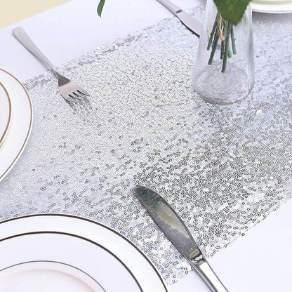 Eternal Beauty Silver Table Runner for Wedding, 5PCS-12x72 Sequin Table Runner Decorations for Birthday Parties, Banquets, Graduations,Christmas