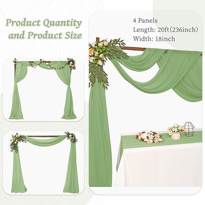 8 Panels Wedding Arch Draping Fabric 28" x 20Ft Wedding Arch Drapes Chiffon Fabric Drape Sheer Backdrop Curtain for Weddings Party Ceremony Birthday Arbor Drapery Reception Ceiling Décor(Sage Green)