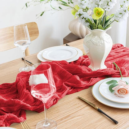 Asee'm 3PCS Fall Table Runner Cheesecloth 10FT Red Boho Gauze Fabric Rustic Sheer Cheese Cloth Runners for Thanksgiving Christmas Wedding Bridal Shower Party