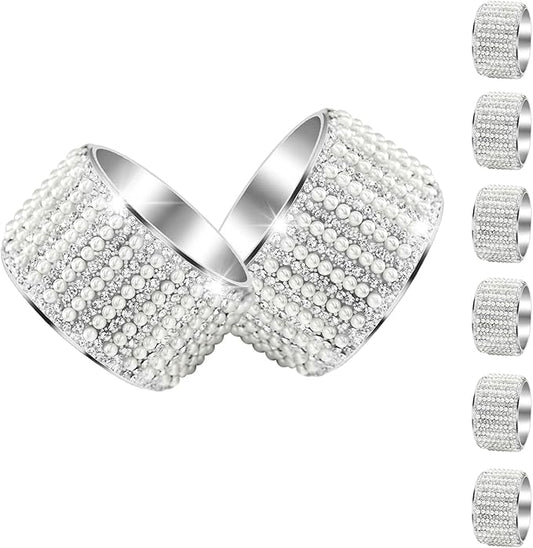 Diamond Pearls12cs Napkin Rings Rhinestone Crystal Glass Framed Napkin Holder Handmade Serviette Buckles for Christmas, Easter, Thanksgiving Day Wedding Banquet Home Party Decoration Dining Table