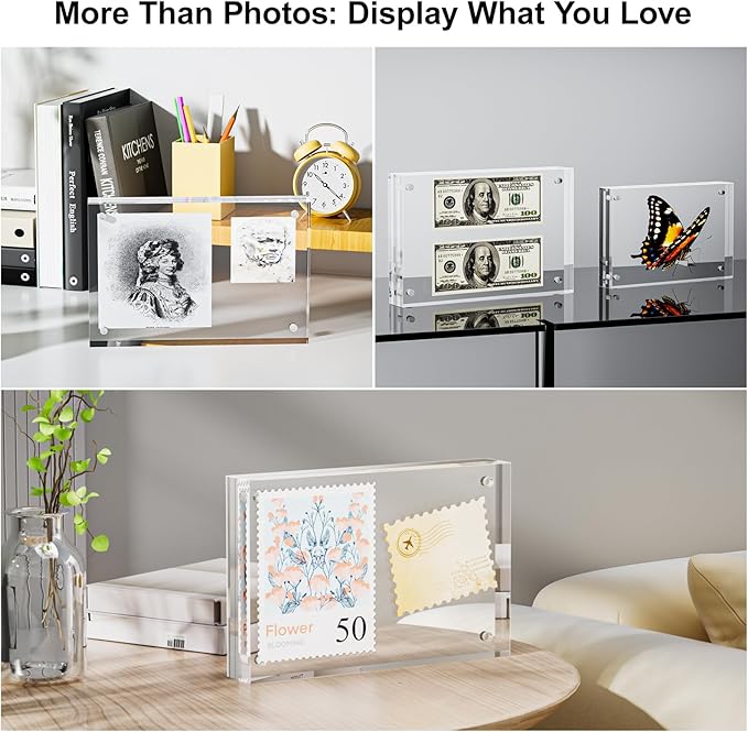 5 Pack 8x8 Acrylic Picture Frames - 20% Thicker Double Sided Magnetic Frame with UV Protection - Freestanding Clear Frameless Display for Tabletops - Modern Photo Frame Set for Home & Office Decor