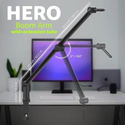 IXTECH Boom Arm Mic Stand with Extension Tube Upgraded Microphone Arm for Shure SM7B MV7 Blue Yeti Sturdy Stainless Steel Mic Arm Desk Stand Foldable Scissor Arm Microphone Mount for Podcast Gaming