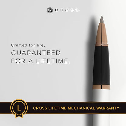 Cross Bailey Refillable Rollerball Pen Presented in a Premium Gift Box - Medium Point, Black Ink, White & Rose Gold