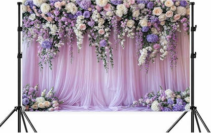 5x3ft Purple Lavender Floral Bridal Backdrop Wedding Flower Photography Backdrop for Girl Portrait Baby Shower Birthday Party Decor Banner Mother's Day Party Wall Backdrop Studio Photo Backgrounds