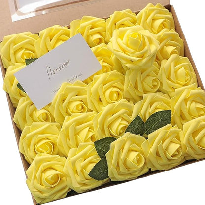 Floroom Artificial Flowers 50pcs Real Looking Canary Yellow Foam Fake Roses with Stems for DIY Wedding Bouquets Bridal Shower Centerpieces Floral Arrangements Party Tables Home Decorations
