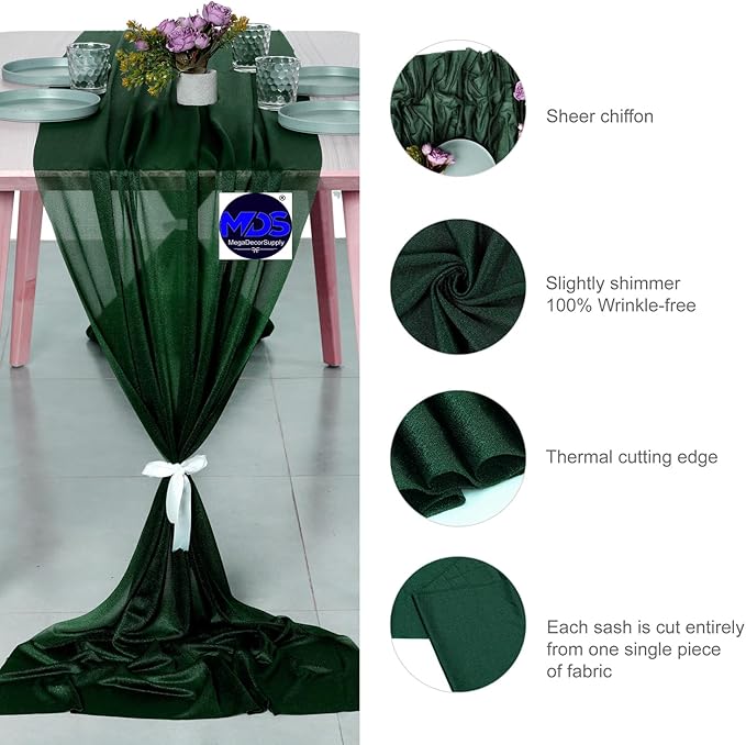 MDS 15 Pack 10ft Chiffon Table Runner 29 x 120 Inches Sheer Wedding Runner Romantic Rustic Table Runner for Wedding Decorations, Birthday Parties, Bridal Shower Party Arch Decor - Hunter Green