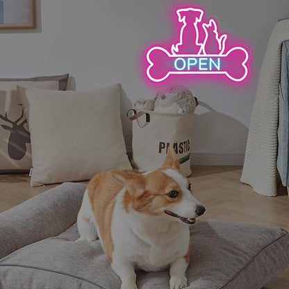 Pet Shop Open Neon Sign LED Dog And Cat Open Sign Bright Pet Grooming Salon Light Animal Shelter Storefront Decor Vet Clinic Window Sign, Pink+Ice Blue, 16.5"x12.4"