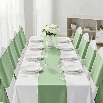 10 Pack Sage Green Satin Table Runner 12x108 Inches Long, Bright Silky Smooth Satin Table Runner Table Decor for Wedding Banquet Christmas Prom Event Birthday Party