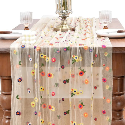 Joanlody Champagne Embroidery Daisy Fall Thanksgiving Table Runner 10ft Florals Seasonal Tulle Table Runner Holiday Kitchen Dining Table Decoration for Home Party Indoor