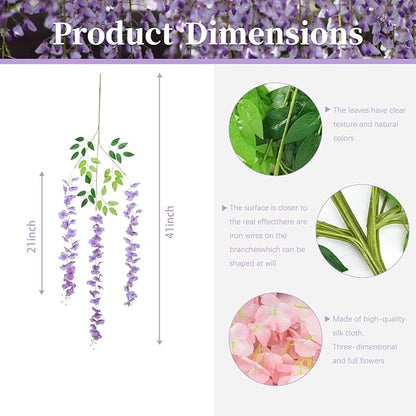 24 Pack Light Purple Wisteria Hanging Flowers, 3.4 Ft Fake Hanging Flowers, Artificial Wisteria Garland Vines for Wedding Room Backdrop Outdoor Patio Garden Decoration