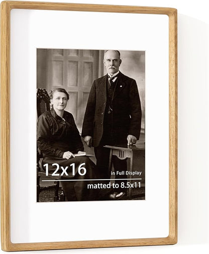 12x16 Frame USA-Sourced Natural Oak Wood Solid Wood Photo Frame Handcrafted Rounded Corner with Mat to 8.5x11 Picture Frame Display with Real Glass Family Picture, Wedding Photo, Certificate