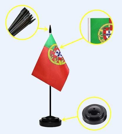 Portugal Portuguese Deluxe Desk Flag Set Small Mini Miniature Portugal Portuguese Table Desktop Flags With Solid Pole, Black Base and Spear Top(2 Pack)