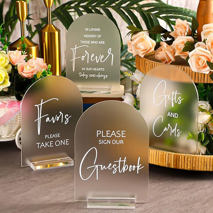 Chunful 4 Pcs Clear Acrylic Wedding Sign with Stand for Ceremony Reception 5 x 7 Guest Book Cards and Gifts In Loving Memory Favors Please Take One Table Sign for Wedding(Elegant White,Fresh Style)