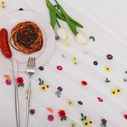 BINBE 1pcs Ivory Daisy Fall Table Runner Embroidery Gauze 10FT Florals Seasonal Tulle Holiday Birthday Kitchen Dining Table Decor for Home Party
