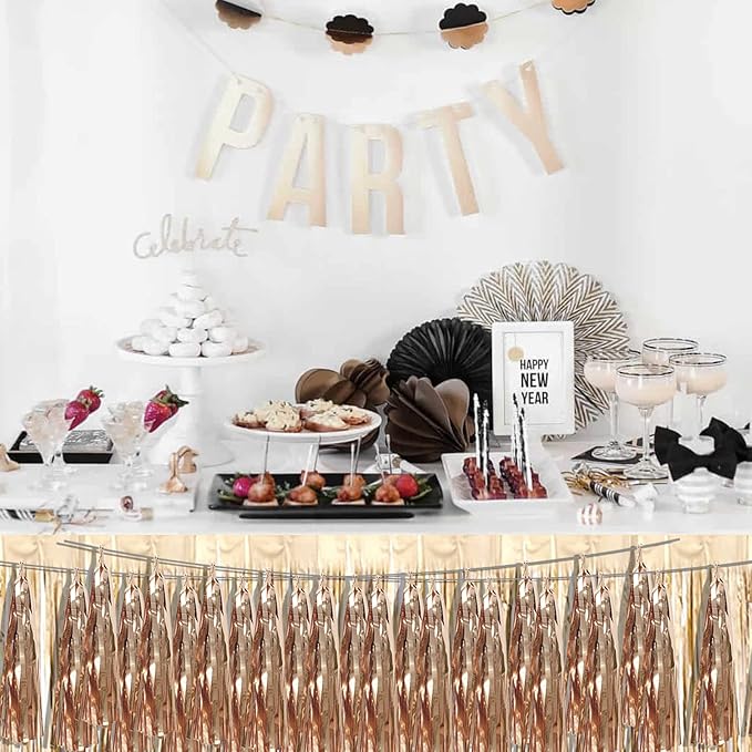 8P Champagne Gold Foil Fringe Metallic Tassel Streamers Banner Tassel Garland for Parade Floats, Bachelorette, Wedding, Birthday, Halloween, Christmas, Bridal/Baby Shower Party Decorations