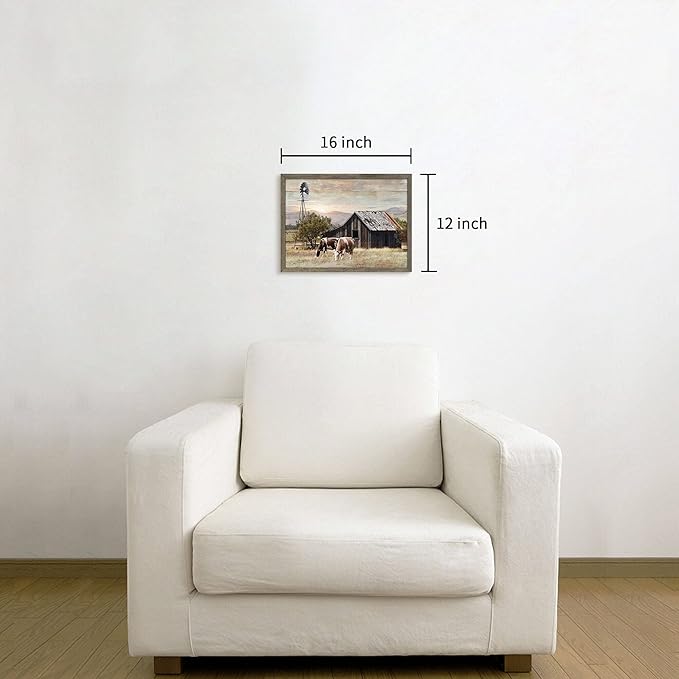 Nature Scene Wooden Framed Art：Horses&Vintage House under the Mountain Painting Print with Framed for Bathroom (12'' x 16'' x 1 Panel)
