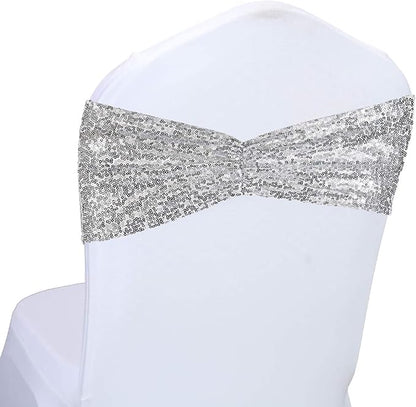 SquarePie Pack of 100 Chair Sashes Bows Sparkly Silver Sequin Chair Bands for Wedding Party Banquet Home Decor