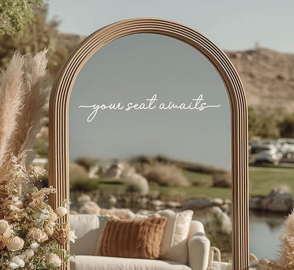 Your Seat Awaits Vinyl Decal, Wedding Seating Sticker, Mirror Decal for Seating, Please Find Your Seat Signs, Wedding Decor Sign (White, Width 20")