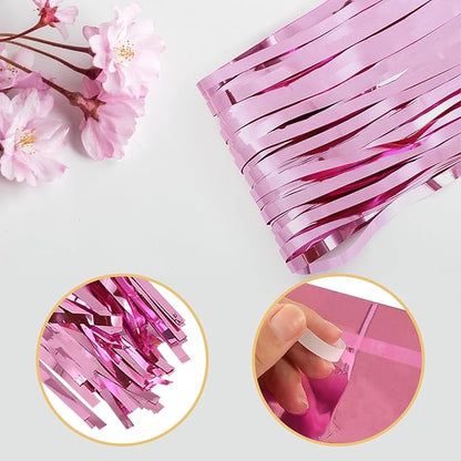 5 Pack Pink Foil Curtain Backdrop 3.2ft x 9.8ft Metallic Tinsel Foil Fringe Curtains Streamer Photo Booth Backdrop for Birthday Party Engagement Bachelorette Party Decorations (Pink)