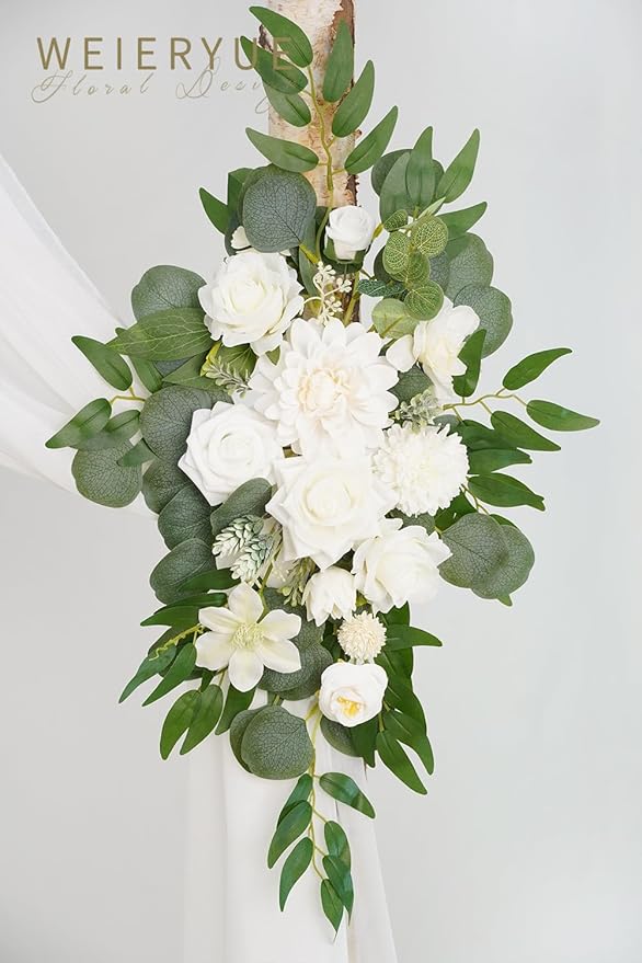 Artificial Wedding Arch Flowers Kit(Pack of 3),2Pcs Artificial Flower Arch Decor,1Pcs Sheer Drape for Wedding Ceremony Arbor for WeddingCeremony (Fairy White)