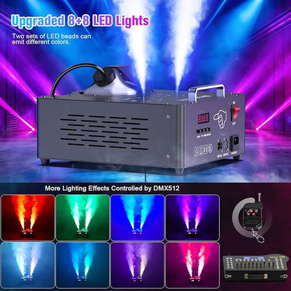 2000W Professional Fog Machine Dual Nozzle with 16 RGB LED, DMX Control Adjustable Smoke Direction, 2.5L Tank LCD Display 30000CFM for Halloween Christmas Stage DJ Party Club Events-8PC