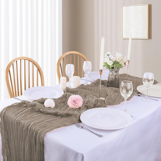4 Pack Nude Cheesecloth Table Runner 35x120 Inch Boho Gauze Fabric Cheese Cloth Table Runner 10Ft Rustic Romantic Sheer Table Runners for Wedding Party Bridal Baby Shower Long Table Decoration