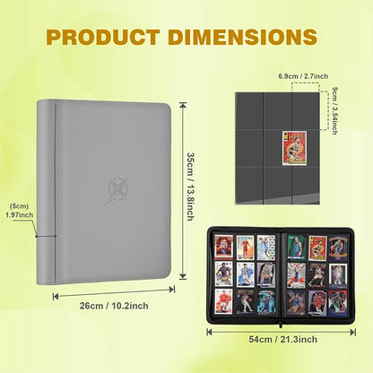 Trading Card Binder, Card Binder 9 Pocket for Trading Cards, Holds 540 Cards, Zippered Premium Card Collection Binder Album for Game Card, Sports Card, Yugioh, MTG (Carbon ash)