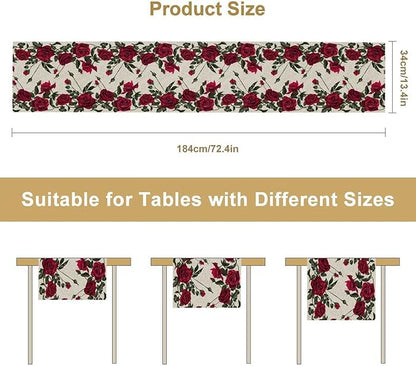 Rose Table Runner, Retro Red Rose Flowers Green Leaves Valentine's Day Kitchen Dinning Table Runner for Indoor Outdoor Home Wedding Party Holiday, 13x90 Inch