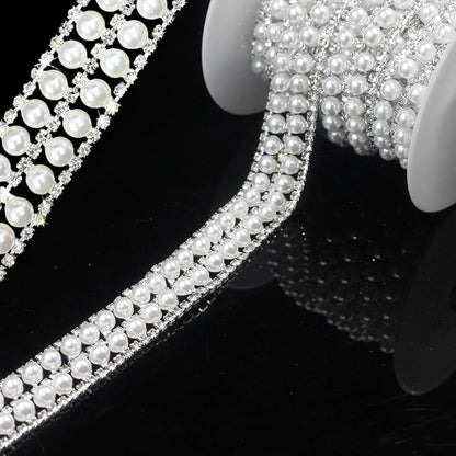PEARLY JUN 2 Yards Pearl Rhinestone Trim Chain Silver Crystal Fringe Diamond Applique Ribbon String Tassel Strip for Sewing Wedding Dress Crafting Crafts Flower Embellishments