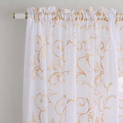 Sheer Curtains White-Beige 45 Inch Length Floral Embroidery Vintage Rod Pocket Voile Drapes for Living room, Bedroom, Window Treatments Semi Crinkle Curtain Panels for Farmhouse Set of 2, 52"x 45".