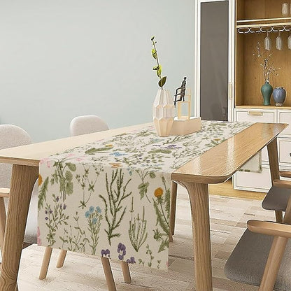Floral Botanical Table Runner, Garden Spring Flower Botanical Butterfly Animal for Restaurant, Kitchen, Wedding, Party Rectangular Table Runner Decoration,13in（33cm） W * 108in（274cm） L