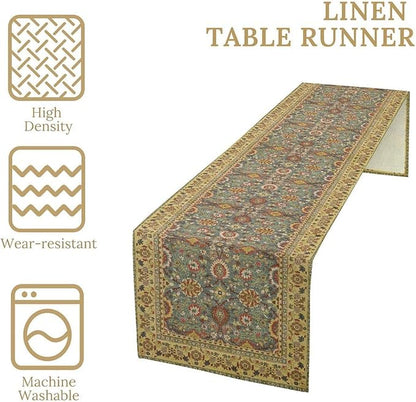 Boho Floral Vintage Beige Blue Table Runner, Retro Flower Rustic Country Farmhouse Abstract Pattern for Home Kitchen Table Decor Dining Coffee Room Party Decor 13x108in