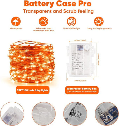 2 Pack 32.8 Ft. Battery Operated Outdoor String Lights with Remote & Timer, LED Orange Fairy Lights, Waterproof Twinkle Lights for Bedroom, Dorm, Mason Jar, Wedding, Party, Christmas