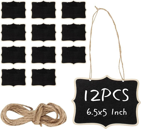 12 Pcs Mini Wooden Chalkboard Signs for Message Board Signs, Mini Chalkboards Hanging Price Tags with String, 6.5x5 Inch Rectangle Chalkboards Message Board Hanging Signs for Party Buffet Food