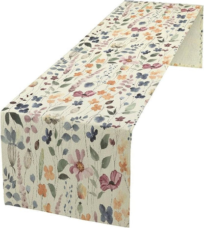 Watercolor Floral Table Runner, Vintage Colorful Floral Natural Style Pattern Decorative Home Restaurant Kitchen Rectangle Table Runner,13in（33cm） W * 60in（152cm） L