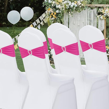 Howhic Pack of 120 Spandex Chair Sashes Bows Stretch Chair Cover Band with Buckle Slider Universal Elastic Chair Ties for Wedding Banquet Party Event Decoration (Fuchsia)