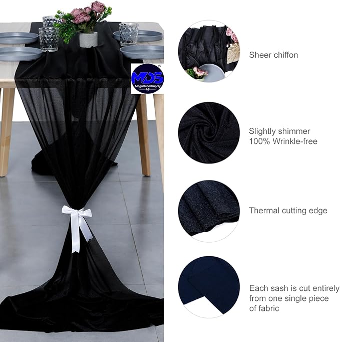 MDS Halloween Chiffon Table Runner - 20 Pack, 29 x 170 Inches, 14ft Each - Sheer Spooky Table Runners for Haunted House Parties, Trick-or-Treat Tables, Witchy Décor, Wedding & Events - Black