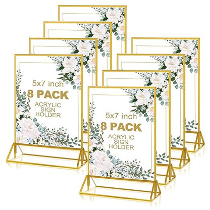 8PCS 5x7" Double-Sided Acrylic Sign Holders, Clear Gold Picture Frames, Table Number Holders with Golden Border for Wedding Reception, Centerpiece, Decoration, Party