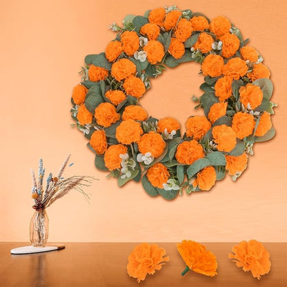 80 Pcs Artificial Marigold Flowers,2" Silk Marigold Flower Heads with Stems,Orange Flowers Artificial for Diwali Decor,Indian Wedding,Home,DIY Wreath Garland,Day of The Dead Decorations