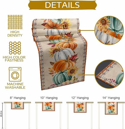 Fall Thanksgiving Southwest Cotton Linen Table Runner for Dining Kitchen, Orange Pumpkins Wedding Outdoor Party Rustic Tablerunners Decoration, Sunflower Dresser Scarf Tablecloth Runners 13x90 Inches