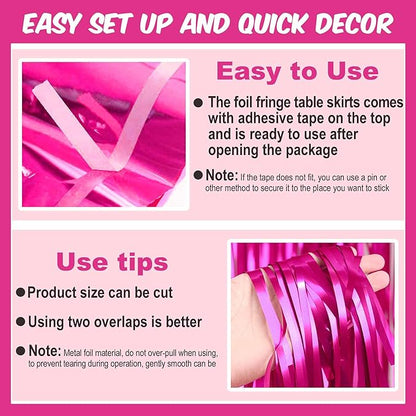 3 Pack Fuchsia Foil Fringe Table Skirts Metallic Tinsel Streamers Garland Banner Backdrop for Table Decor, Parade Float, Birthday, Wedding, Halloween, Christmas Party Decorations(29x108 In)