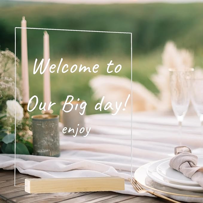6 Pack 8x10 Inch Frosted Arch Acrylic Sign with Stands, Frosted Acrylic Table Signs, Arched Round Top Sheet, DIY Arch Blank for Wedding Table Number Menu Bar List Sign (Square Clear, Wood Stand)