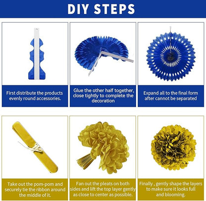 Blue and Gold Party Decorations - 23Pcs Navy Blue White Gold Baby Shower Birthday Decor for Men Boy Kids with Hanging Paper Fans, Pom Poms Flowers, Garland String Polka Dot Packs